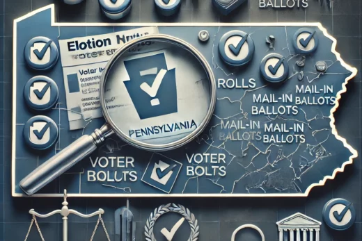 election integrity issues showing Pennsylvania state outline with symbols of voter rolls mail-in ballots legal scales