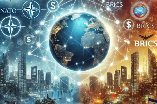 futuristic global scene symbolizing geopolitical tension and collaboration