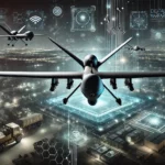 modern warfare technologies featuring stealthy drones flying over a military airbase