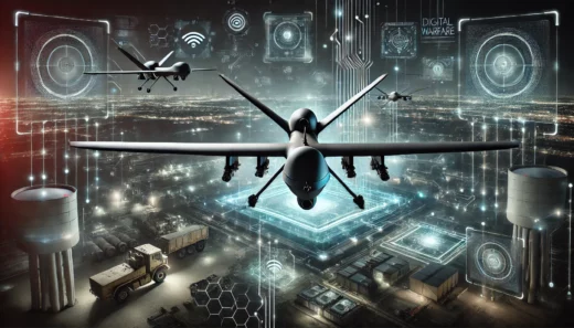 modern warfare technologies featuring stealthy drones flying over a military airbase