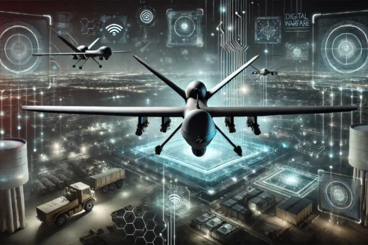 modern warfare technologies featuring stealthy drones flying over a military airbase