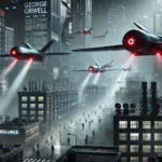 dystopian scene inspired by George Orwell's 1984 featuring drones patrolling