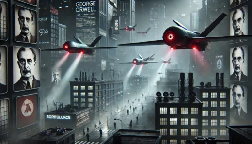 dystopian scene inspired by George Orwell's 1984 featuring drones patrolling