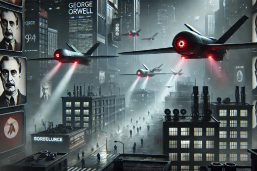 dystopian scene inspired by George Orwell's 1984 featuring drones patrolling