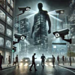 government surveillance and privacy concerns shows a dystopian cityscape