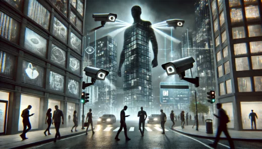 government surveillance and privacy concerns shows a dystopian cityscape