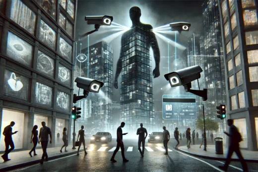 government surveillance and privacy concerns shows a dystopian cityscape