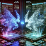 virtual battle between programs visualized in a futuristic cyberspace arena