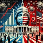 divided United States featuring a dramatic contrast between public health measures and political freedom