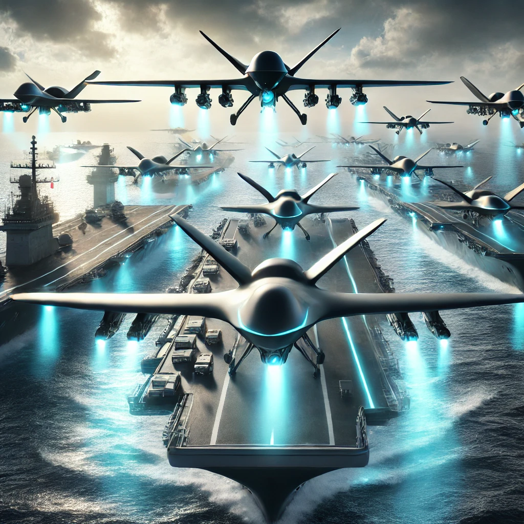 multiple advanced warships in formation each equipped with drone launch systems