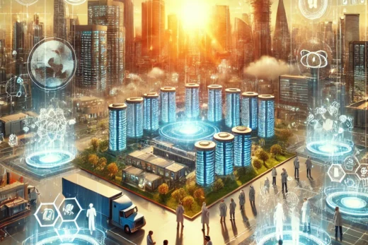 sprawling AI data center complex surrounded by glowing high-tech buildings