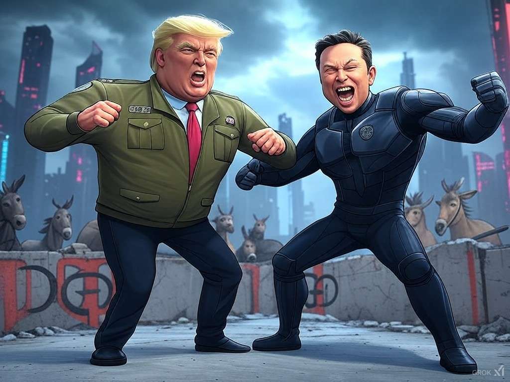 Trump and Elon Musk kicking evil donkeys over the DOGE wall.