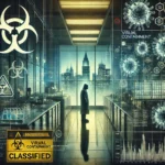 biohazard research facility with a shadowy figure in a lab coat working inside