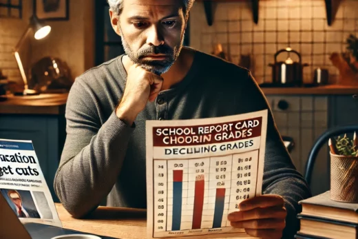 concerned parent looking at a school report card with declining grades