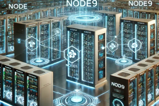 data center with multiple interconnected server racks each labeled as different nodes