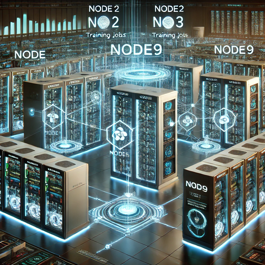 data center with multiple interconnected server racks each labeled as different nodes