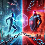 digital battlefield where two advanced AI entities clash a glowing decentralized AI