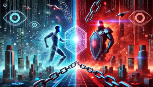 digital battlefield where two advanced AI entities clash a glowing decentralized AI