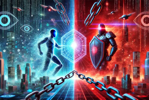 digital battlefield where two advanced AI entities clash a glowing decentralized AI