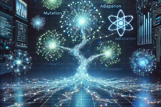 digital ecosystem with interconnected nodes representing evolving digital organisms