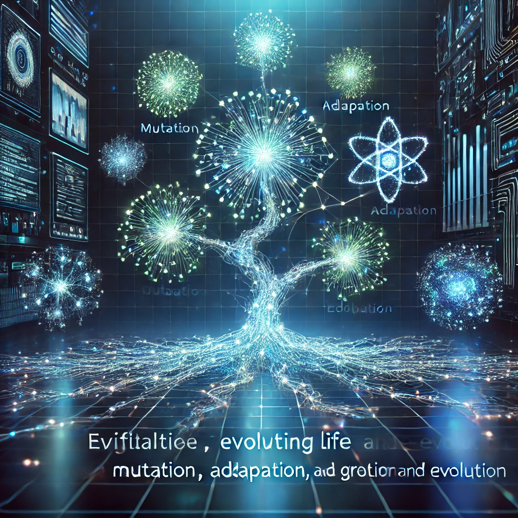 digital ecosystem with interconnected nodes representing evolving digital organisms