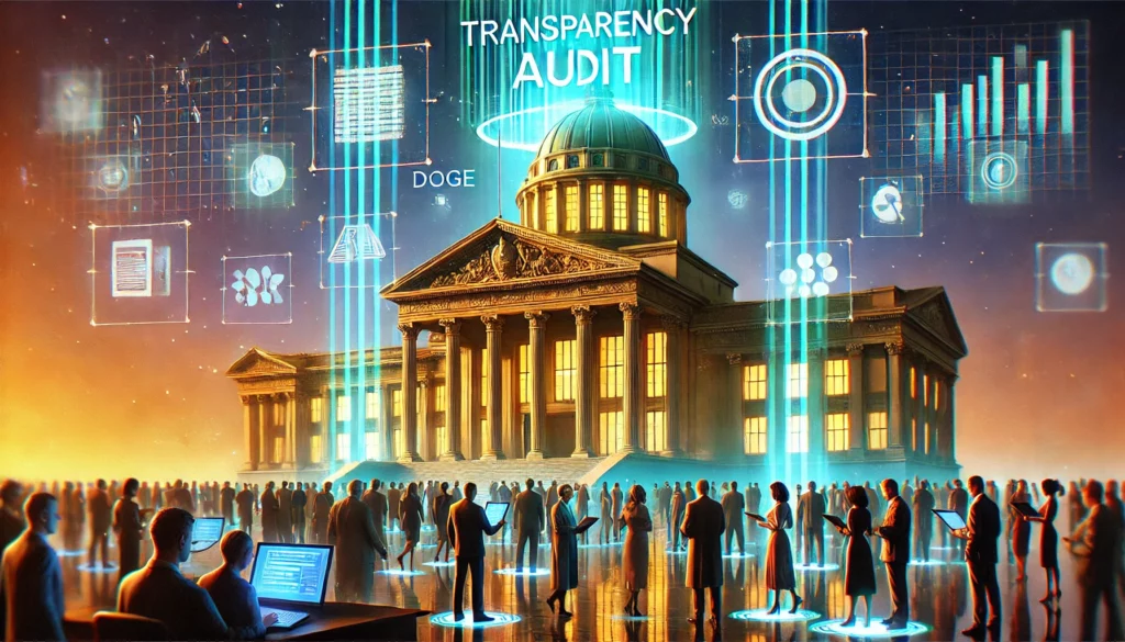 digital painting depicting a grand government building with a glowing 'Transparency Audit'