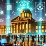 digital painting depicting a grand government building with a glowing 'Transparency Audit'