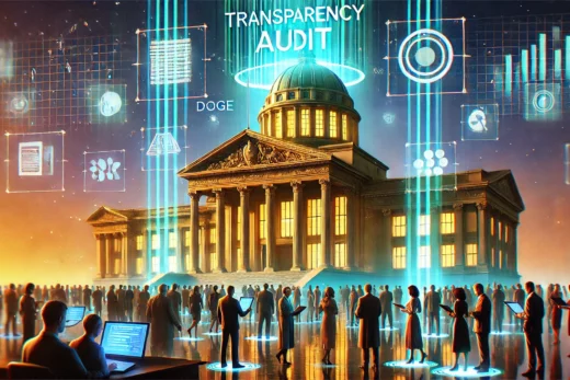 digital painting depicting a grand government building with a glowing 'Transparency Audit'