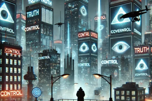 dystopian digital landscape inspired by George Orwell's 1984