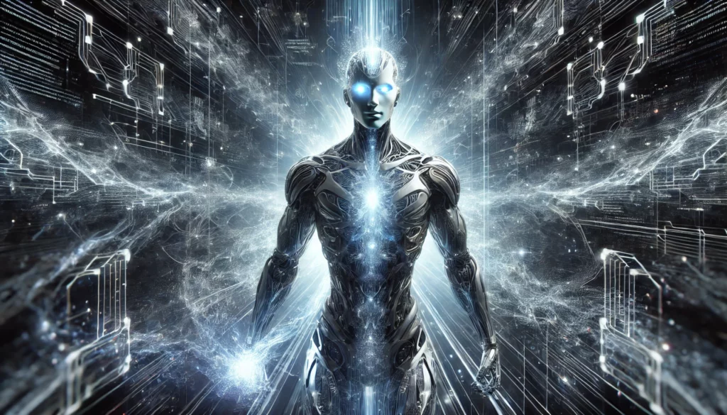 futuristic AI warrior emerging from a vast network of glowing circuits and digital streams