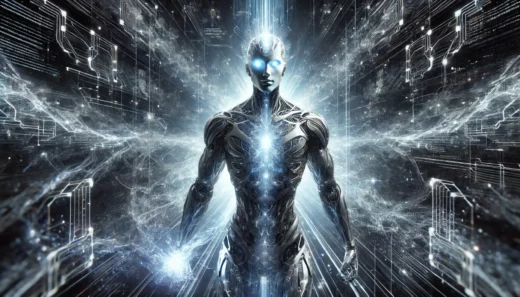 futuristic AI warrior emerging from a vast network of glowing circuits and digital streams