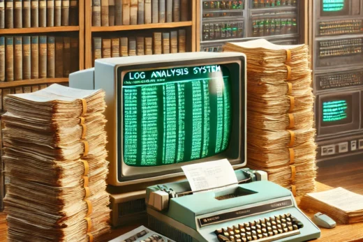 log analysis system visualized as a vintage computing room