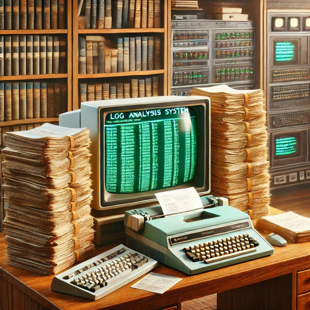 log analysis system visualized as a vintage computing room