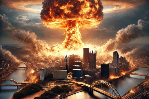 nuclear explosion over Pittsburgh Pennsylvania captures a massive mushroom cloud