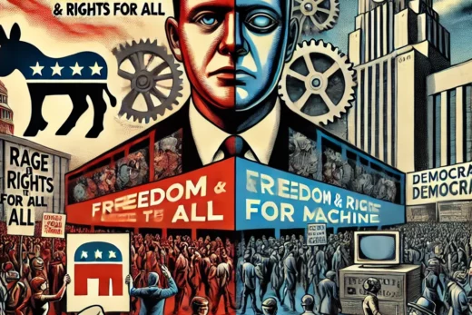 political illustration in a style that blends bol, mid-century propaganda poster