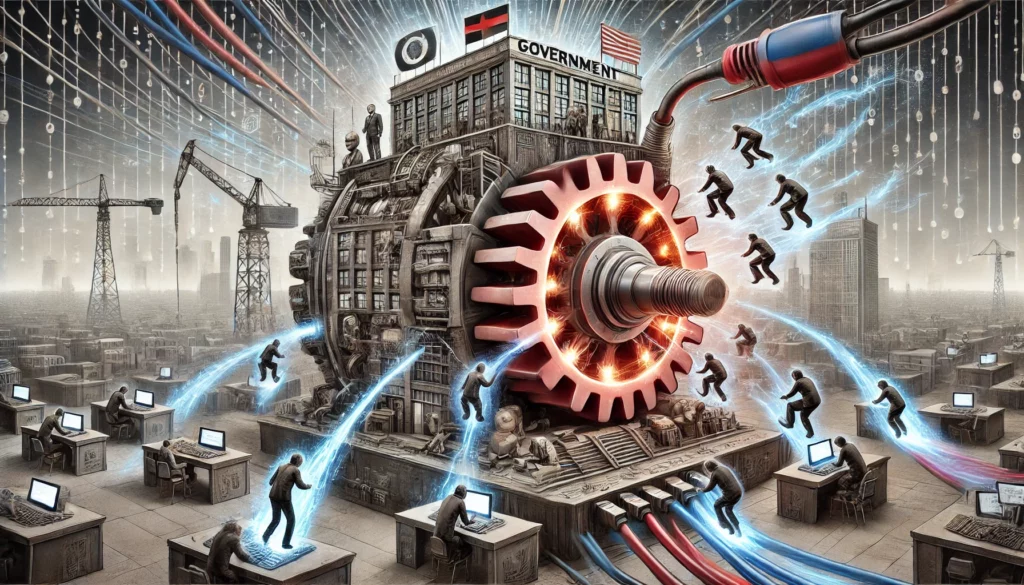 society as an electrical motor where human minds are represented as rotors inside a giant machine