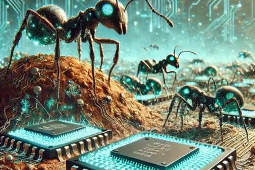 tiny microchips shaped like ants emerging from an anthill the chips have glowing circuits