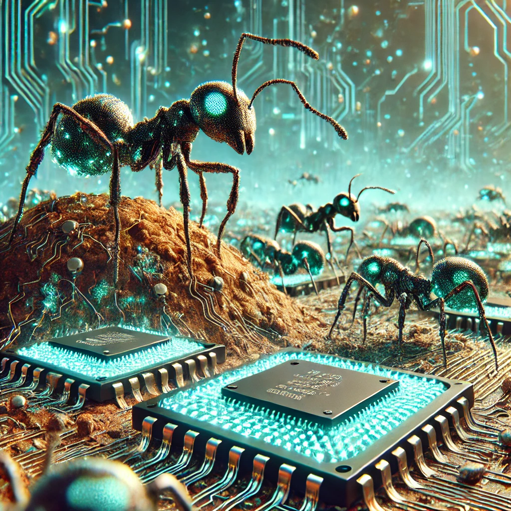 tiny microchips shaped like ants emerging from an anthill the chips have glowing circuits