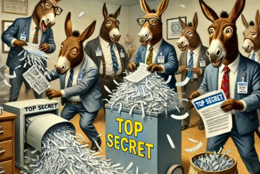 democrats in a government office frantically shredding stacks of top-secret documents