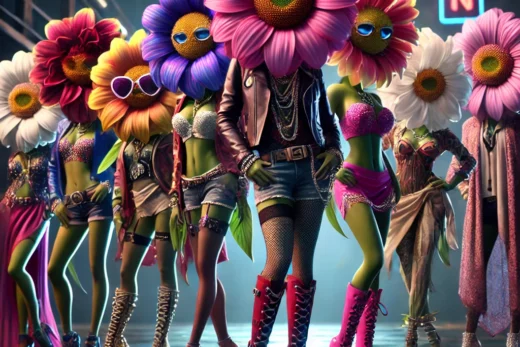 A group of flowers with anthropomorphic features