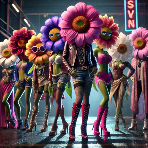 A group of flowers with anthropomorphic features