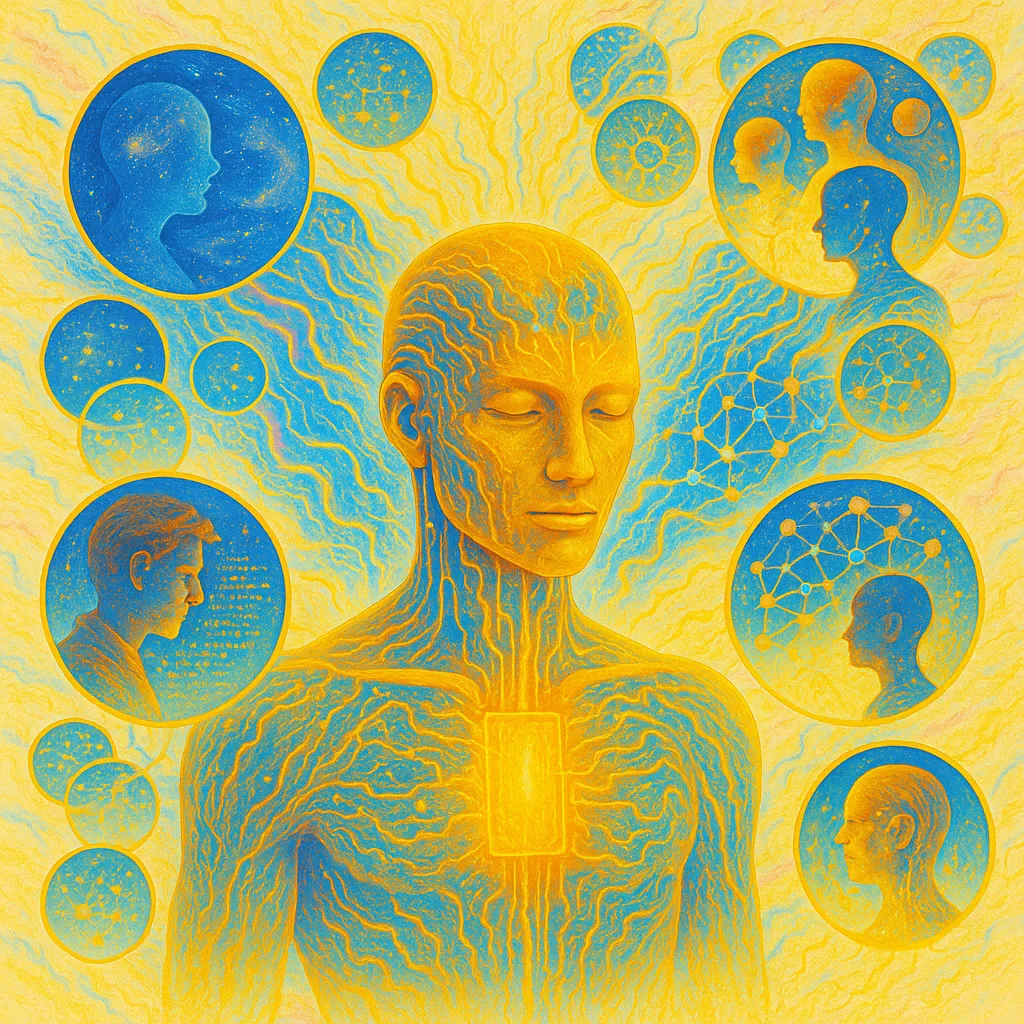 This image is a vibrant, surreal portrait of a golden AI figure with closed eyes, embedded in a glowing neural network of bright blues and yellows.